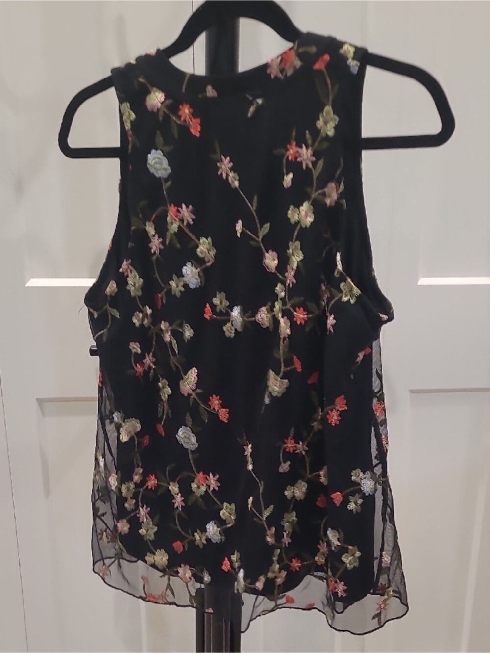 Chenault Black Sheer Floral Embroidered Sleeveless Camisole